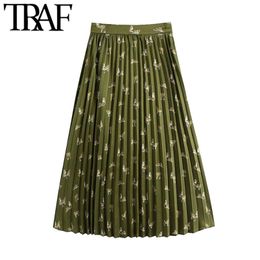 Women Chic Fashion Animal Print Pleated Midi Skirt Vintage High Waist Side Zipper Female Skirts Mujer 210507
