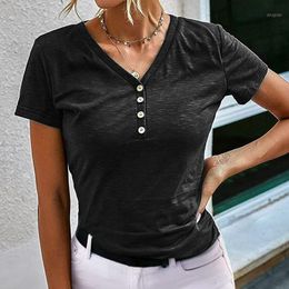 30# Summer T Shirt Women V-Neck Sexy Solid Woman Tshirts Short Sleeve Buttons Slim Casual Tops Ropa Mujer Women's T-Shirt