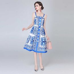 Bohemian Print Dress For Women Sqaure Neck Sleeveless Sling Dresses Female Fashion Clothing 210529