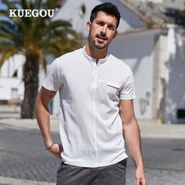 KUEGOU Cotton spandex Men's short sleeve T-shirt Fashion simple Stand Collar Patchwork Tshirt For men Summer Tee top DT-5735 210524