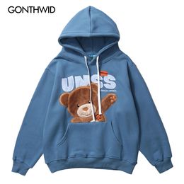 GONTHWID Creative Embroidery Hello Bear Hoodies Streetwear Hip Hop Casual Pullover Hooded Sweatshirts Mens Harajuku Tops 210728