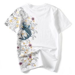Print Embroidery T-Shirts Koi Fish White Tops Tees Summer Harajuku Men Hip Hop Tshirt Streetwear