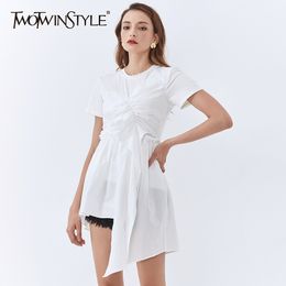 Patchwork Ruffle Women Tops O Neck Short Sleeve High Waist Irregular Hem White T Shirt Female Fashion 210524