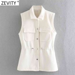 Women Fashion Turn Down Collar Sleeveless Slim Vest Jacket Ladies Breasted Drawstring Casual WaistCoat Woolen Tops CT677 210420