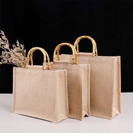 Vintage Handbag Bamboo Loop Handles DIY Bag Retro Waterproof Shopping Bag Solid Colour Jute Portable Bag Coarse Woven Fashion 211022