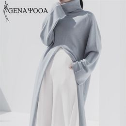 Genayooa Womens Turtleneck Pullover Sweater Long Sleeve Vintage Loose Knit Sweater Split Solid Long Jumper Ladies Korean Style 210809