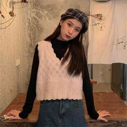 V-neck knitted vest women spring and autumn college style outer sweater cropped top 210427