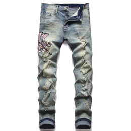Ripped Holes Slim Fit Stretch Embroidery Cobra Men's Jeans European and American Style Fashion Trendy Retro Blue Denim Pants