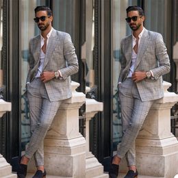 Handsome Grey Cheque Mens Tuxedos Groom Wear Double Breasted Wedding Blazer Suits Formal Business Prom Outfit(Jacket+Pants)