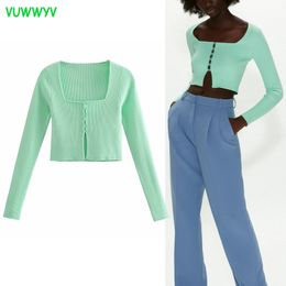 Green Elegant Ribbed Cropped Cardigan Woman Spring Knitted Slim Sweater Women Long Sleeve Button Up High Street Jackets 210430