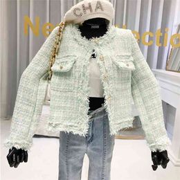 High Quality Autumn Winter Woollen Tweed Jacket Coat Women Crop Top Korean Long Sleeve Plaid Female Outwear Mujer Chaqueta 210514
