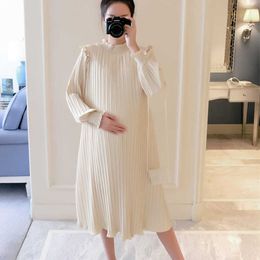 Maternity Dresses Chiffon Pleated Long Pregnancy Dress Casual Loose Maternity Clothes For Pregnant Women Fashion 2021 Plus Size Q0713