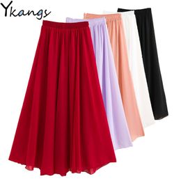 Women Chiffon Long Skirts Summer New Solid All-Match Beach Skirt Autumn Elegant Maxi Skirts Plus Size Black Blue Pink White 210412