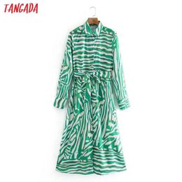 Tangada fashion women green striped shirt dress arrival long sleeve ladies slash midi dress vestidos XN34 210609