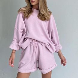 Long Sleeve Two Piece Sets Track Suit Women Sweatshirts Drawstring Shorts And Oversized Tops Autumn Streetwear 2 Pieces Outfits 210521