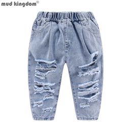 Mudkingdom Fashion Ripped Ankle Jeans for Boys Girls White Denim Crop Pants Toddler Trousers Elastic Waist Kids Summer Clothes 210615