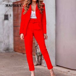 Spring Autumn Slim Fit Solid Women Formal Pant Suits High Waist Pencil Pants+Lapel Set Two Piece Female Office Button Outfit 210930