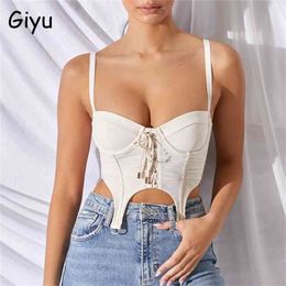 Giyu Sexy Mesh Crop Tops Women Camis Summer Lace Up Bandage Spaghetti Strap Backless Camisole Elegant Blusas Femininas 210407