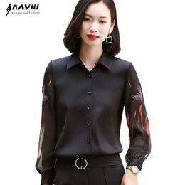 Embroidered Silk Shirt Women Long Sleeve Design Temperament Fashion Black High-End Blouses Office Ladies Formal Work Tops 210604