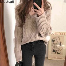 Twisted Knitting V-neck Pullover Sweater Women Long Sleeve Korean Ins Style Casual Fashion Tops Sweaters Autumn Winter 210513