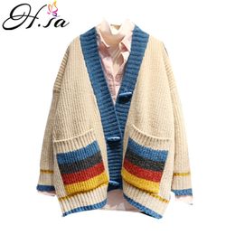 H.SA Women Knit Cardigans V neck Jumpers Colourful Striped Patchwork Knitwear Loose Sweaters Button Up Sweater Coat 210417