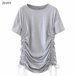 women fashion o neck solid side pleat drawstring knitted T shirt dress female chic short sleeve casual dresses DS3969 210420