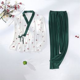 Women's Cotton Pyjamas Sex Sleepwear Set Women Print Pyjama 2Piece/Suit Top kimono Shirt Long Pant Mom Homewear Big Size 210809