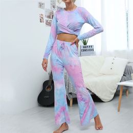 Autumn and Winter Female Casual Leisure Tie dye Tops Long Sleeve Women's Suit Two Piece Pants Set O-Neck Full women set 210508