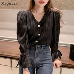 Spring Summer V-neck Casual Female Tops Blouses Long Sleeve Solid Shirt Pleated Bow Office Loose Women Shirts 8563 210512