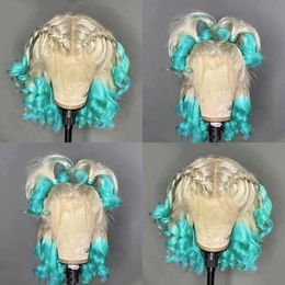 2021 Fashion 360 Frontal Short Wavy Wigs Blonde Ombre Green Color Brazilian Hair Synthetic Lace Front Wig For Women Cosplay
