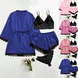Sexy Satin Silk Pyjamas Women Nightdress 4pcs Lingerie Robes Pyjama Sets Underwear Sleepwear Lace Lingerie Set Q0706