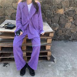 Women's Two Piece Pants 2021 Autumn Streetwear Blazer Pant Suit Pieces Set Women Oversized Jacket & Wide Leg Chic