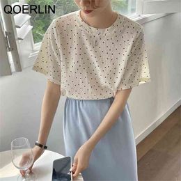 Koreans Style Polka Dot T-Shirts Girls O Neck Short Sleeve Loose Fashion T-shirt Top Women White Basic Tops 210601