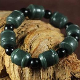 Natural Green Qing Yu Jade Drum Bracelet and Black Bead