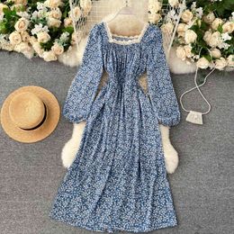 Women Print Floral Dress Lace Square Collar Puff Sleeve A Line Dress Autumn Casual Waist Elastic Ruched Dress French 210419