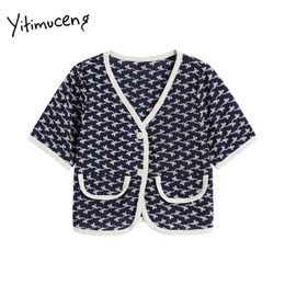Yitimuceng Vintage Floral T Shirts Woman Pockets Button Up Tees V-Neck Tops Solid Blue Summer Fashion Knitted Tshirts 210601