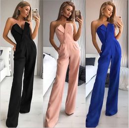 Women's Pants & Capris Sexy Off Shoulder Women Casual Jumpsuit Solid Color V-neck Sleeveless One Piece Long With Pockets Ladies Office