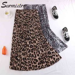 Long Pleated Skirt Women With Leopard Snake Print For Spring Autumn Ladies Korean High Waist Maxi Female 210421