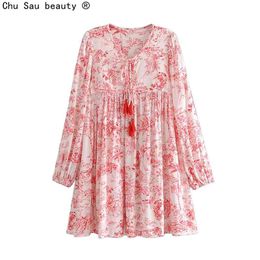 Summer Holiday Style Women's O Neck Ink Painting Tassel Long Sleeve Mini Dress Boho Female Fashion Skirt 210514