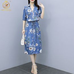 Arrival Plus Size Denim Shirt Dress Female Floral Printed Summer Fashion Zipper Women Drawstring Waist Vestidos 210520