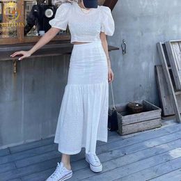 Fashion Korean Puff Sleeve Tops Casual Two Piece Set Lace Mermaid Skirt High Waist Hollow Out Women Suit Clothes 210520
