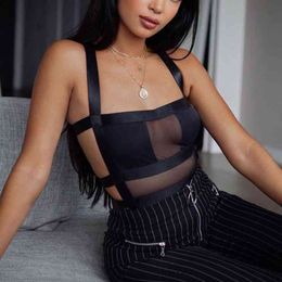 Summer Women Mesh Sexy Bodysuit Autumn Casual Hollow Out Strap Bodycon Black Party Club Bodysuit Body Tops For Women 210401