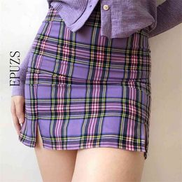 vintage tartan print slit hem mini skirts womens plaid ladies Sexy high waist bodycon purple pencil 210521