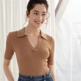 Women Elegant And Casual Polo Plunge Neck Short Sleeve Knitted Shirt Crop Top 210529