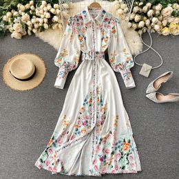 Fashion Print A-line Maxi Long Dress For Women Lapel Sleeve Loose Lace Up Slim Holiday Elegant Dresses Clothes Vestidos 210428