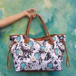 Turquoise Cowhide Canvas Travel Bag Printed Endless Tote Large Capacity Outdoor Duffel Bags Western Style Carry Purse DOMIL106-1851