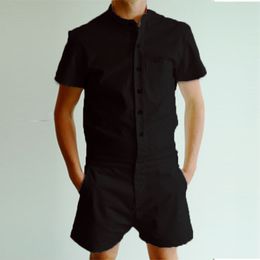 LEQEMAO Short Sleeve Rompers Summer Men's Solid Trousers Male Casual Single Breasted Jumpsuit Cargo Overalls X0322