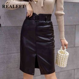 Autumn Winter Black PU Leather Midi Wrap Skirts with Belt High Waist Front Split Vintage Sheath Pencil Skirt 210428