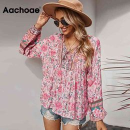 Bohemian Floral Print Blouse Women Bow Tie V Neck Retro Shirt Female Loose Casual Long Sleeve Tunic Tops Blusas 210413