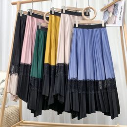 Fashion Spring midi long skirt for womens lace stitching pleated Patchwork high waist drape large a-line lady 210420